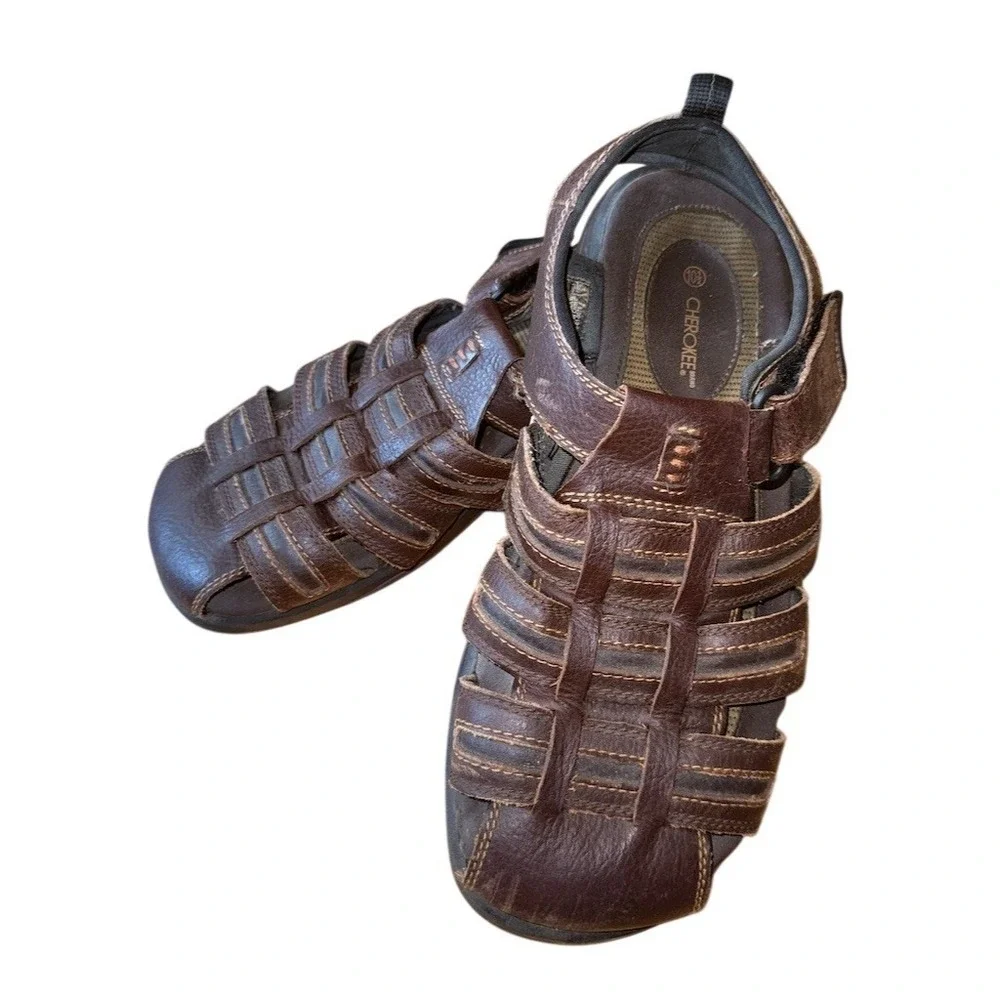 Cherokee Men's Fisherman Sandal Brown Hook Loop Comfort 10.5 woven caged leather